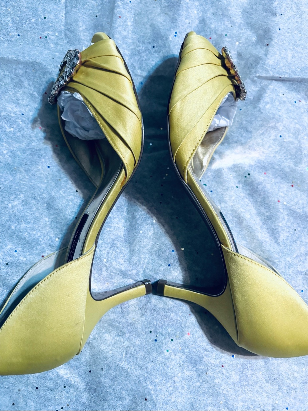 Nina Yellow Satin Peep-Toe Heels with Crystal Brooch - Picture 3 of 8